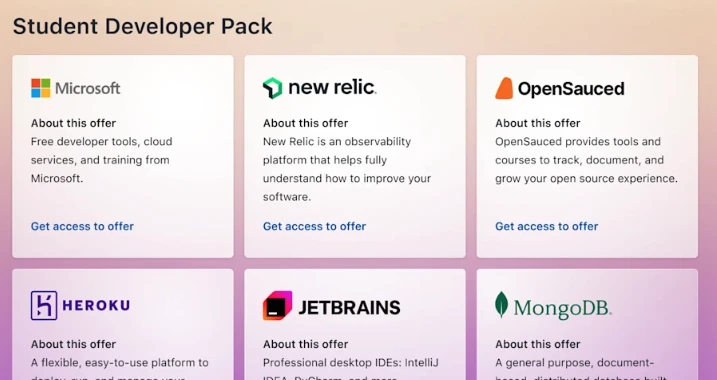Student Developer Pack catalog showing partner offer cards for Microsoft (free developer tools, cloud services and training), New Relic (observability platform), OpenSauced (tools to track open source experience), Heroku, JetBrains (professional desktop IDEs) and MongoDB, each with a “Get access to offer” link