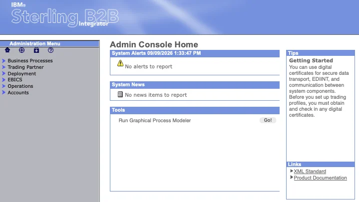 Sterling B2B Integrator admin console home page