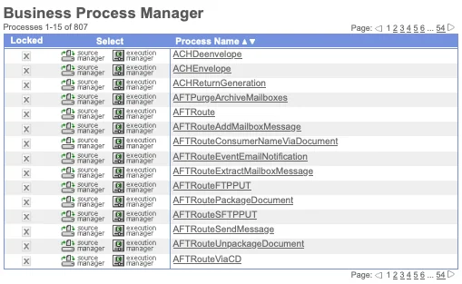 Business Process Manager list in the Sterling B2B Integrator admin console, showing 807 processes including ACHDeenvelope, ACHEnvelope, and various AFTRoute processes