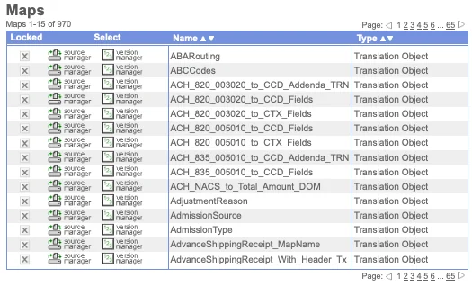 List of translation maps in the Sterling B2B Integrator admin console, showing hundreds of maps including ACH and EDI transaction translations