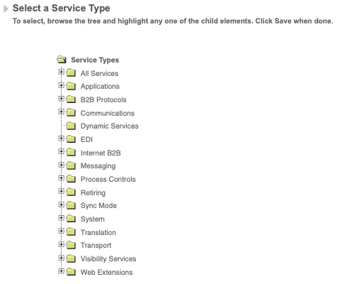 Select a Service Type tree in the Sterling B2B Integrator admin console, showing categories like B2B Protocols, EDI, Translation, Transport, and Web Extensions