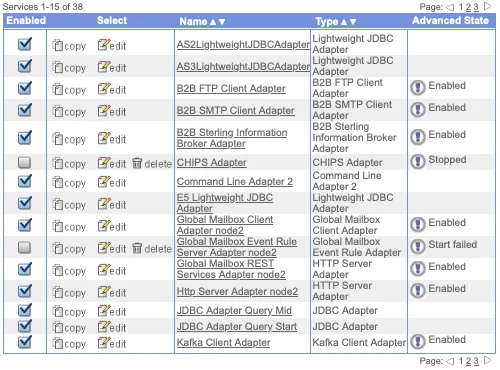 List of configured adapters in the Sterling B2B Integrator admin console, including AS2, FTP, SMTP, Command Line, HTTP Server, JDBC, and Kafka adapters