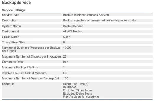 BackupService configuration screen in the Sterling B2B Integrator admin console, showing thread pool size, business processes per backup set chunk, compression, maximum backup file size, and a 2:00 AM schedule