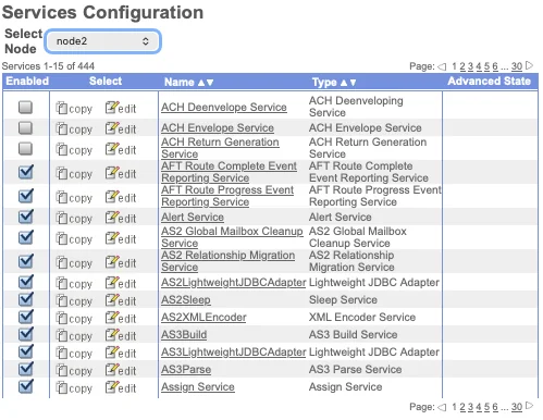 Services Configuration list in the Sterling B2B Integrator admin console for node2, showing 444 services including ACH Deenvelope, AFT Route, Alert Service, AS2 Global Mailbox Cleanup, and AS3 services