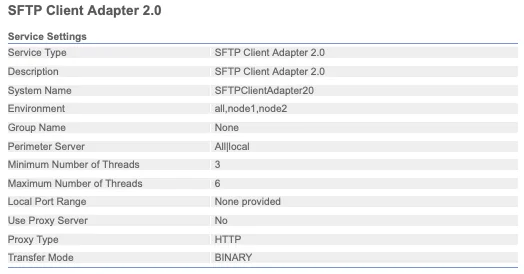 SFTP Client Adapter 2.0 configuration screen in the Sterling B2B Integrator admin console, showing service settings including system name, environment, perimeter server, and thread limits