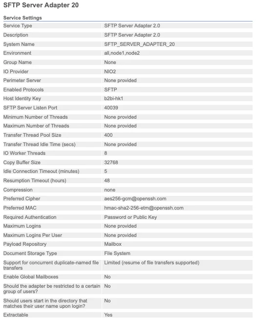 SFTP Server Adapter 2.0 configuration screen in the Sterling B2B Integrator admin console, showing listen port, host identity key, enabled protocols, cipher and MAC preferences, and authentication settings