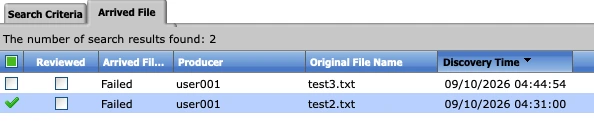 Sterling File Gateway Arrived File search results showing 2 results, both with status Failed, producer user001, filenames test2.txt and test3.txt, and discovery timestamps