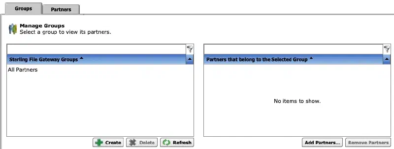 Sterling File Gateway Manage Groups screen, showing the Groups and Partners tabs, with &ldquo;All Partners&rdquo; listed as a Sterling File Gateway Group and a panel to add or remove partners from the selected group