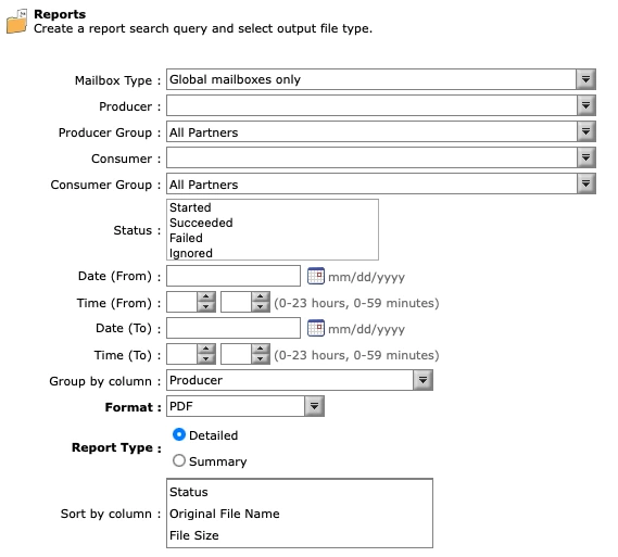 Sterling File Gateway Reports screen under Tools, with fields for Mailbox Type, Producer, Producer Group, Consumer, Consumer Group, Status (Started/Succeeded/Failed/Ignored), Date/Time ranges, Group by column, Format (PDF), Report Type (Detailed/Summary), and Sort by column