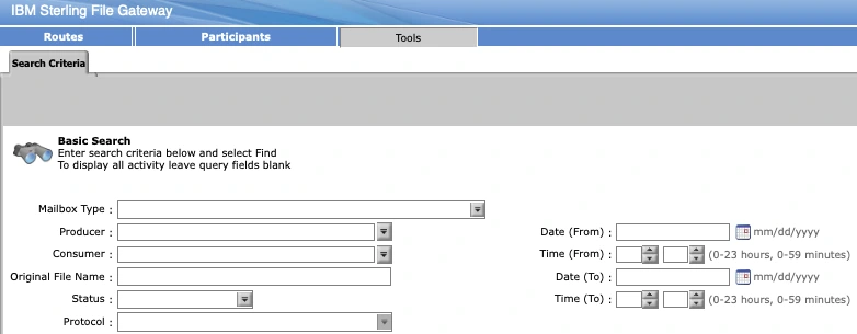 Sterling File Gateway Tools tab, Search Criteria sub-tab, showing a Basic Search form with fields for Mailbox Type, Producer, Consumer, Original File Name, Status, Protocol, and Date/Time From and To ranges