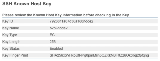 Sterling B2B Integrator &ldquo;SSH Known Host Key&rdquo; list entry for b2bi-node2, showing Key Type EC, Key Length 256, Key Status Enabled, and SHA256 fingerprint