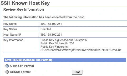Sterling B2B Integrator &ldquo;SSH Known Host Key&rdquo; review screen, showing key collected from host 192.168.100.251 with public key algorithm ecdsa-sha2-nistp256, bit length 256, and SHA256 fingerprint, plus a choice to save the key to disk in OpenSSH or SECSH format